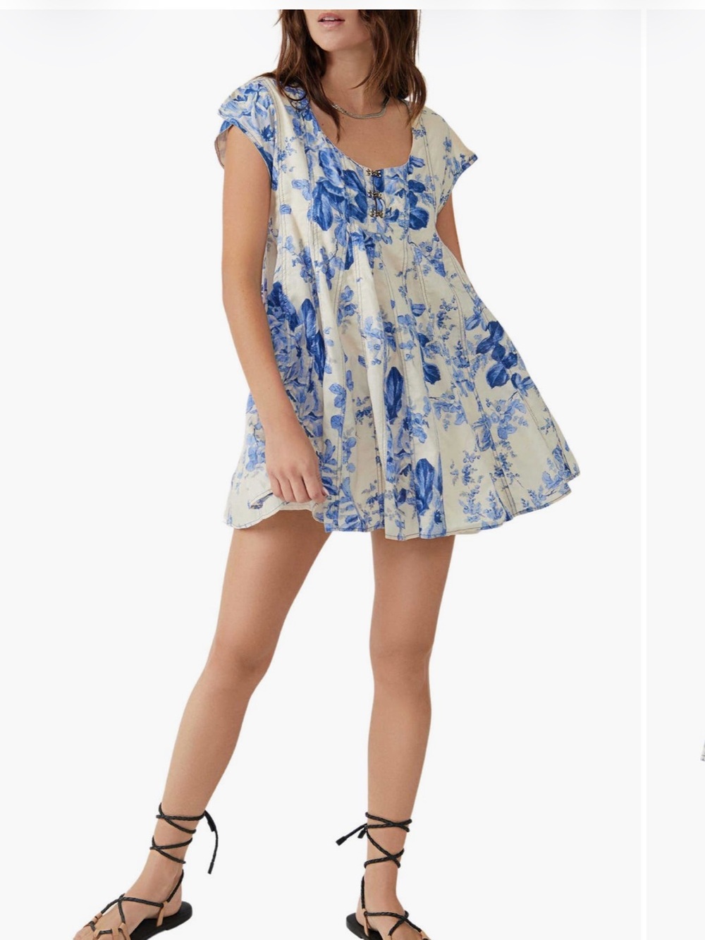 Free People Sully Seam Cream Mini Dress with Blue Floral Print